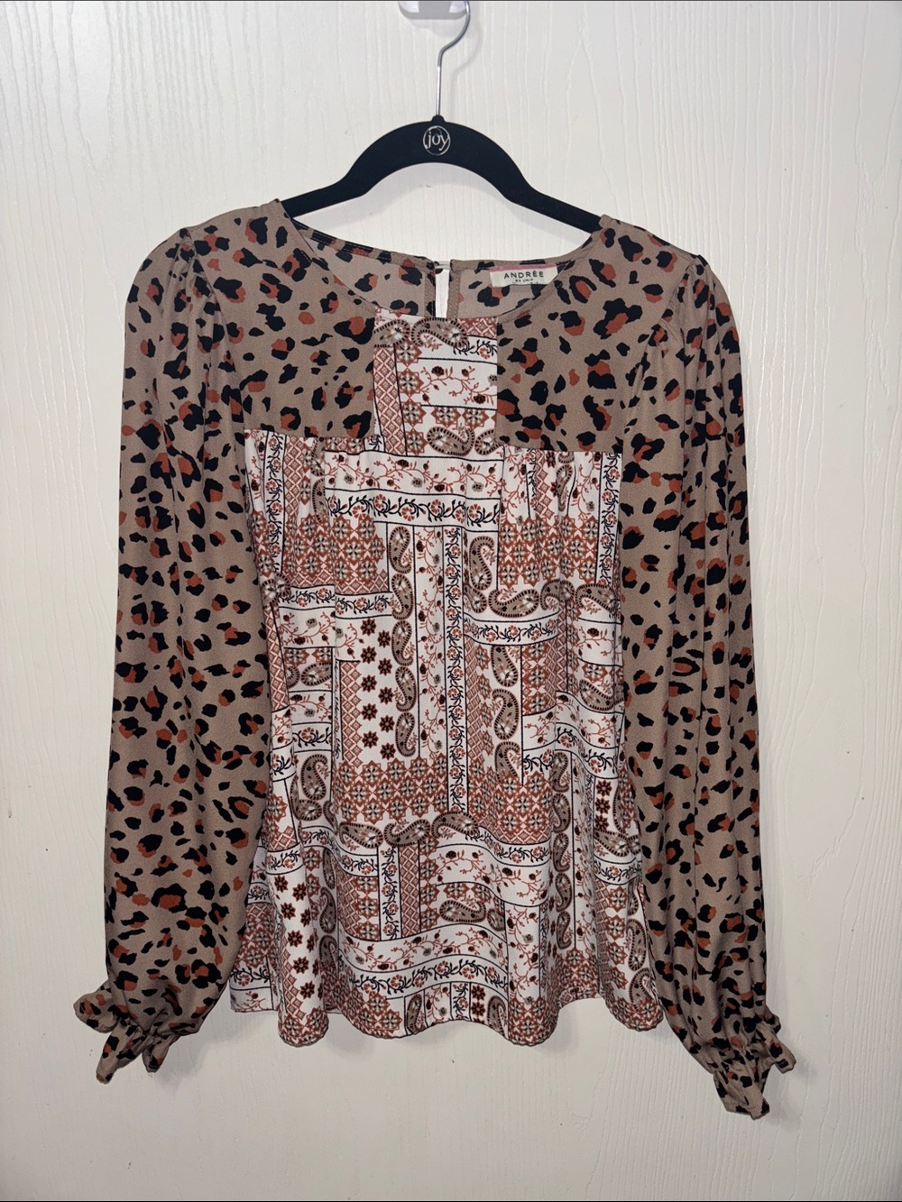 Andree Beige and Brown Mixed-Print Long-Sleeve Blouse